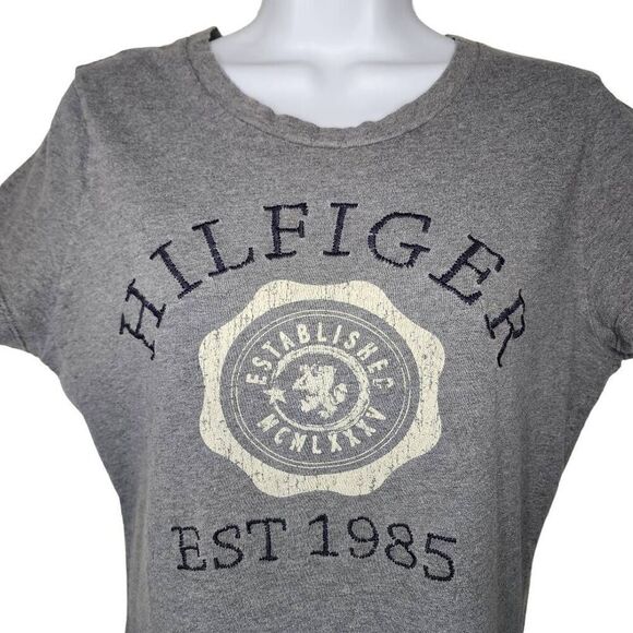 Tommy Hilfiger Women Tops, Stitched Lettering Logo Short Sleeve Grey Tee, Sz M - Picture 5 of 8